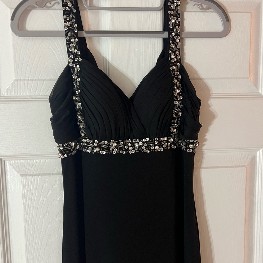 Betsy & Adam Black Strapless Evening Dress with Silver Beaded Trim